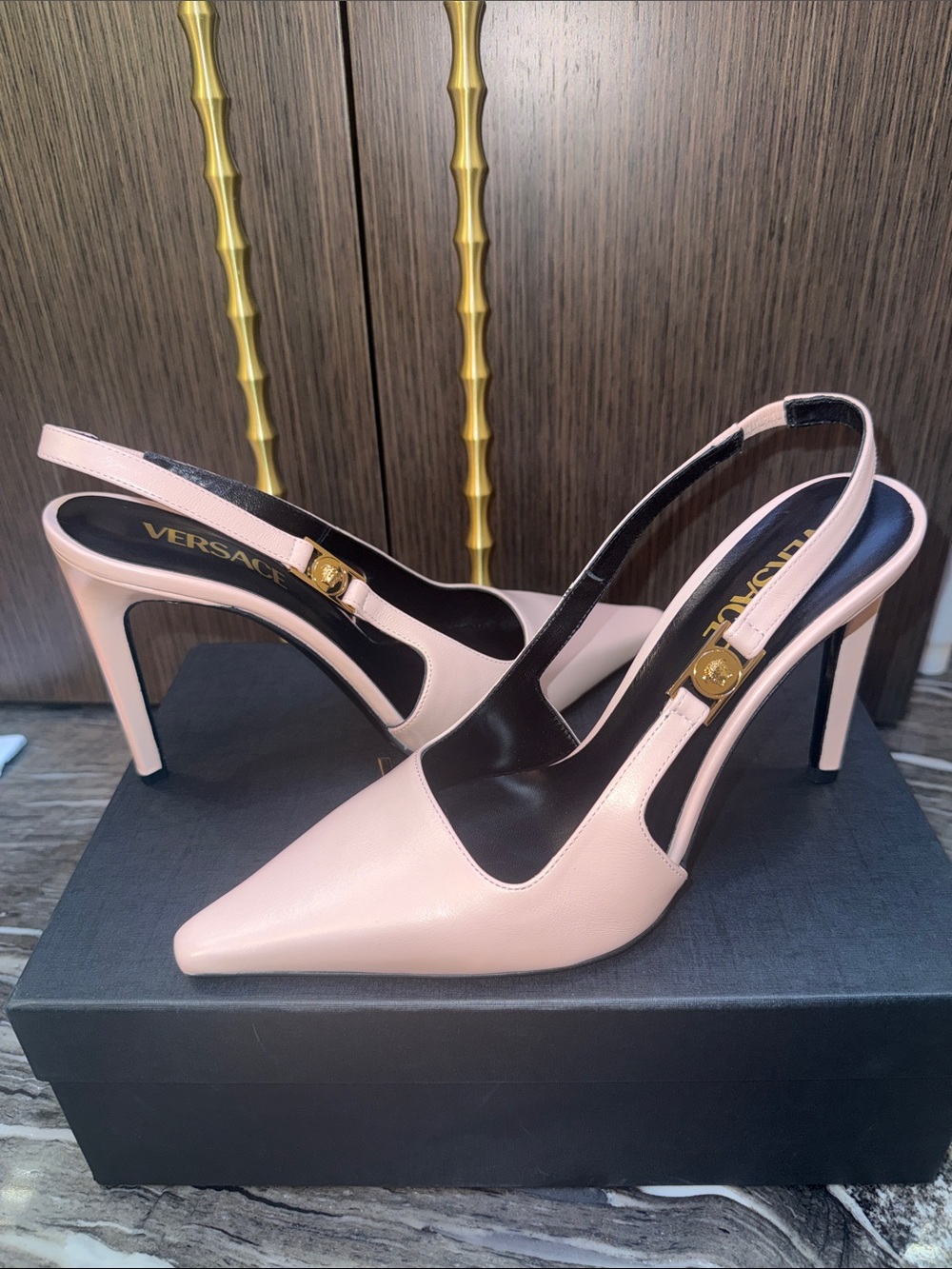 Versace
Medusa Insignia Leather Slingback Pumps NEW